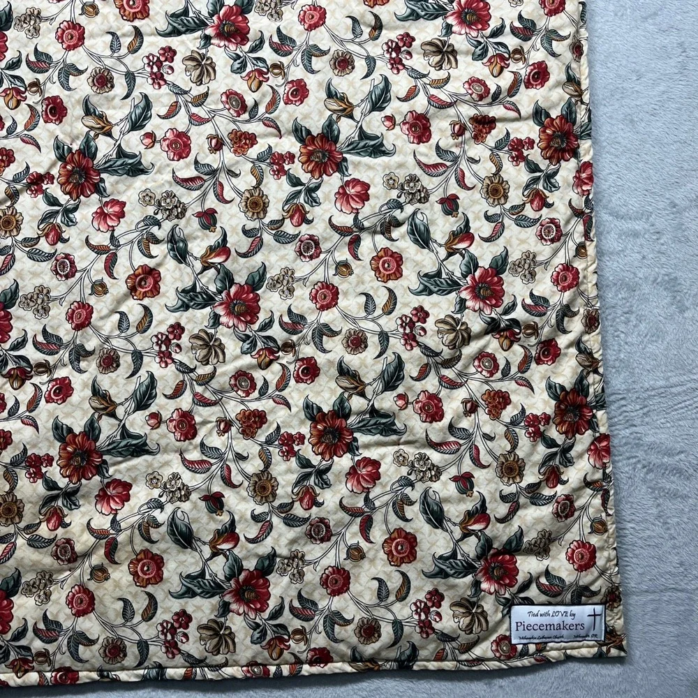 Handcrafted Bird Patchwork Tied Quilt 52x34 Green Gold Floral Reversable